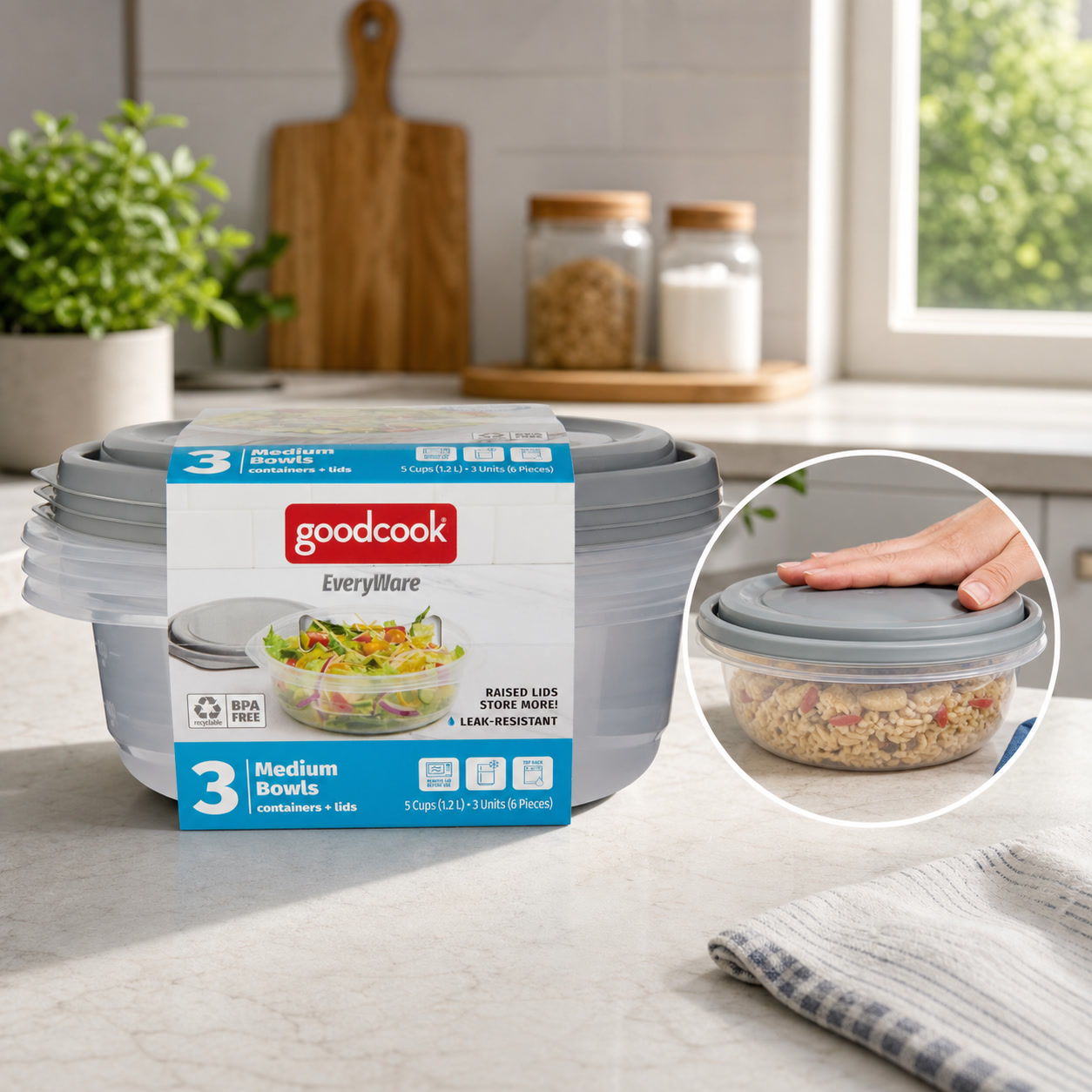 Food Storage In Pantry - ชุดภาชนะเก็บอาหารทรงกลม 6 ชิ้น พร้อมฝาปิด, ชามพลาสติกสีเทาสำหรับเตรียมอาหาร, ห้องเก็บของ,