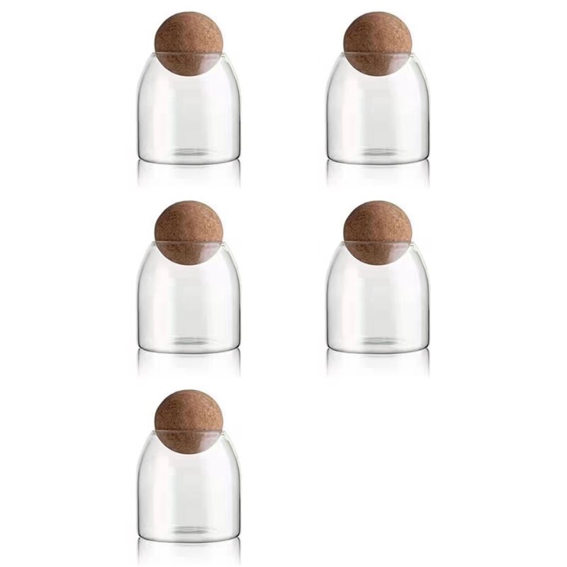 Food Storage Glass Round - ABGR-5X ขวดแก้วใส, ภาชนะเก็บอาหารแก้วพร้อมจุกไม้ก๊อกทรงกลม, สำหรับใส่ขนม, ถั่ว, เครื่องเทศ,