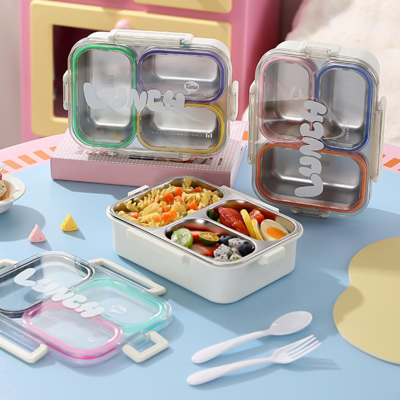 Food Storage Cabinet For Kitchen - กล่องอาหารกลางวันสแตนเลสแบบแบ่งช่อง ป้องกันการรั่วซึม กล่องขนมสำหรับเด็กนักเรียน พร้อมชุดช้อนส้อม กล่องอาหารกลางวันแบบพกพาสำหรับสำนักงาน สำหรับเก็บอาหาร