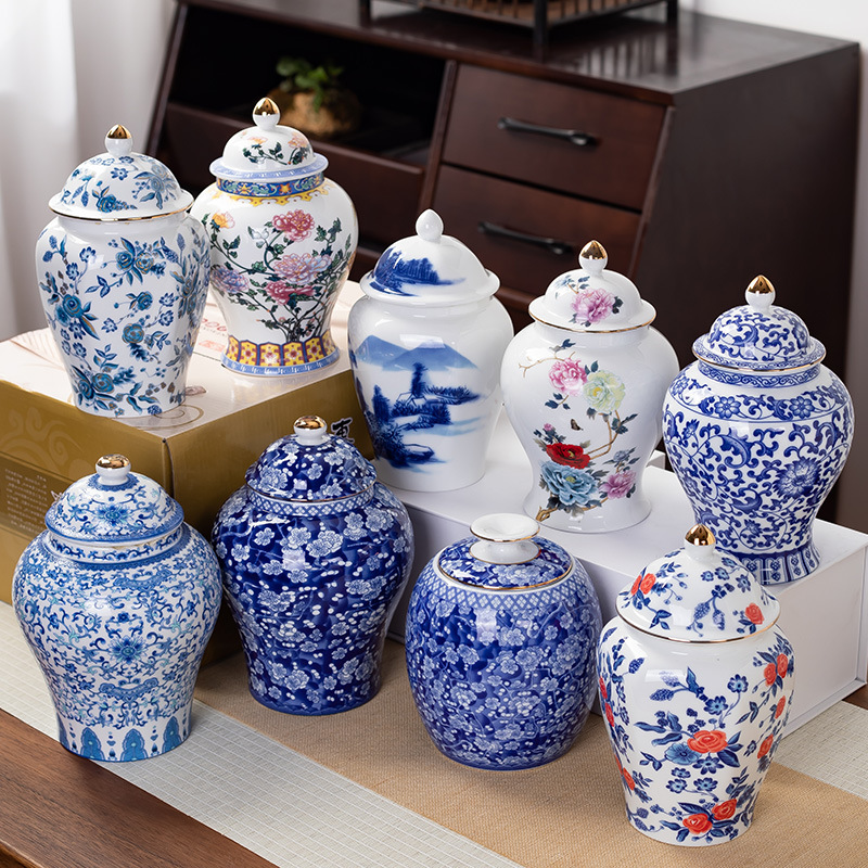 Food Storage Utensils - Gold-Plated เซรามิค Jar Vintage สีฟ้าสีขาวและสีขาวปิดผนึก Jar