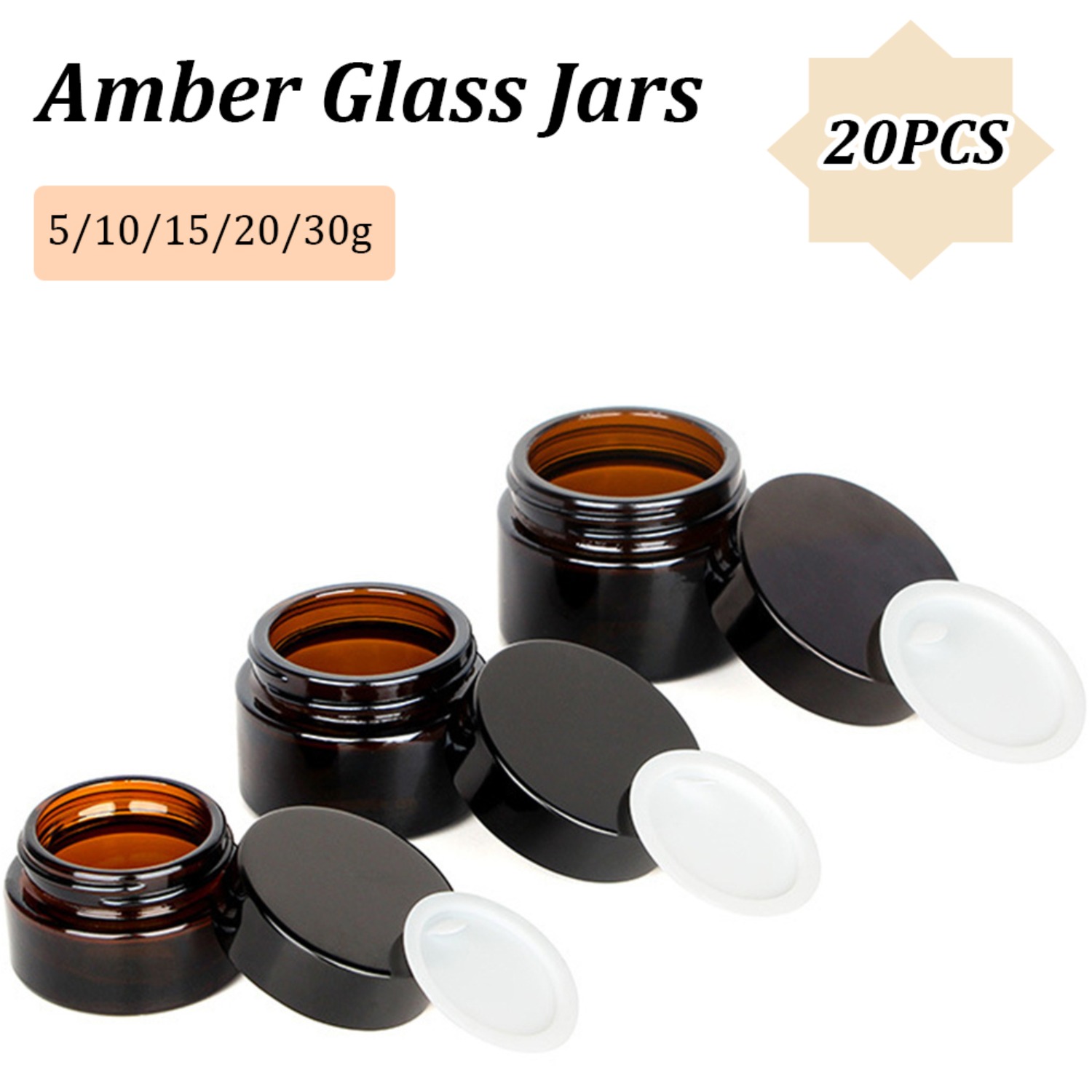 Food Storage Glass Round - 20PCS ขนาดเล็ก Amber Glass Jars พร้อมฝาปิดสีดํา