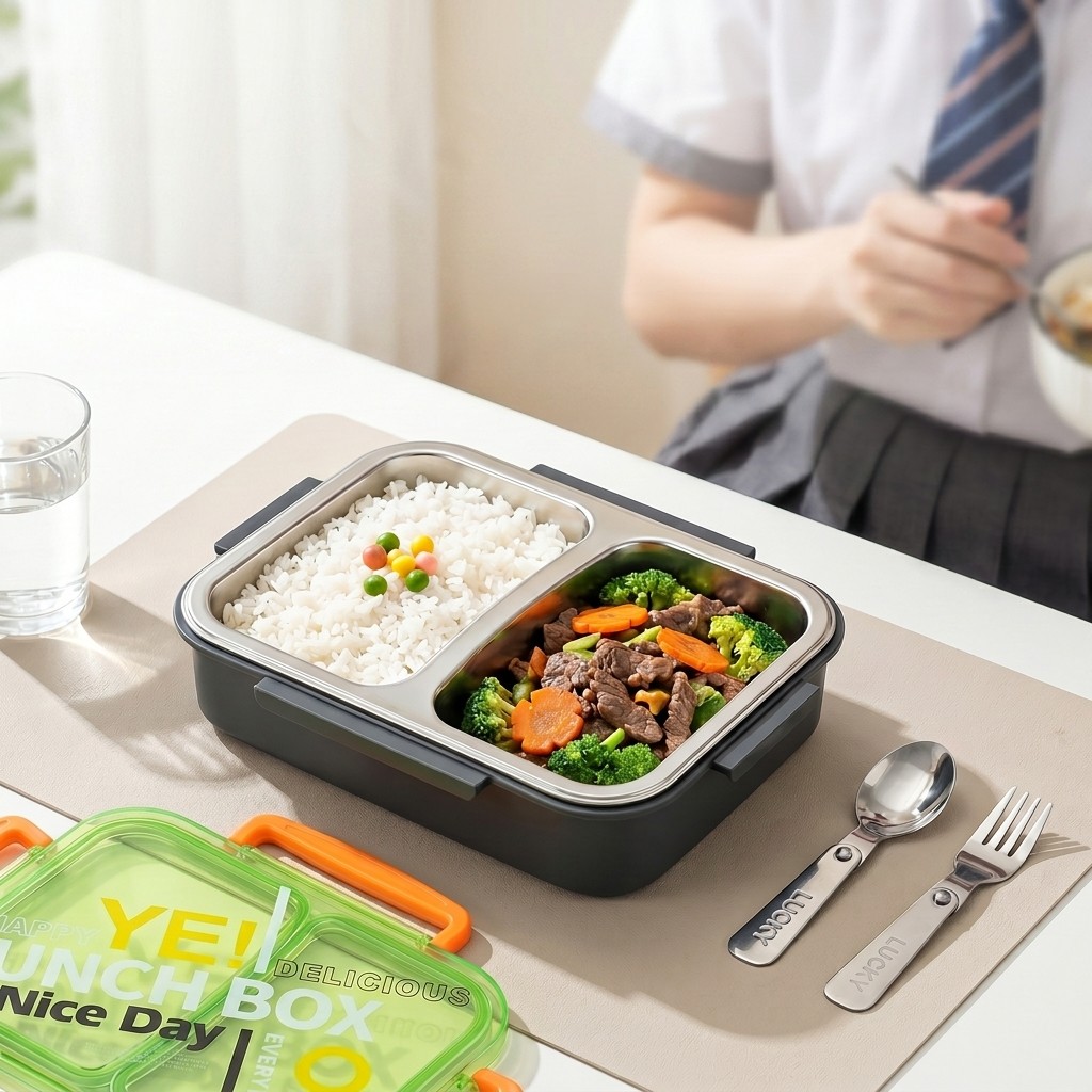 Food Storage Cabinet For Kitchen - กล่องข้าวสแตนเลส 304 สำหรับเข้าไมโครเวฟ แบ่งช่องเก็บอาหาร ป้องกันการรั่วซึม เหมาะสำหรับเด็ก