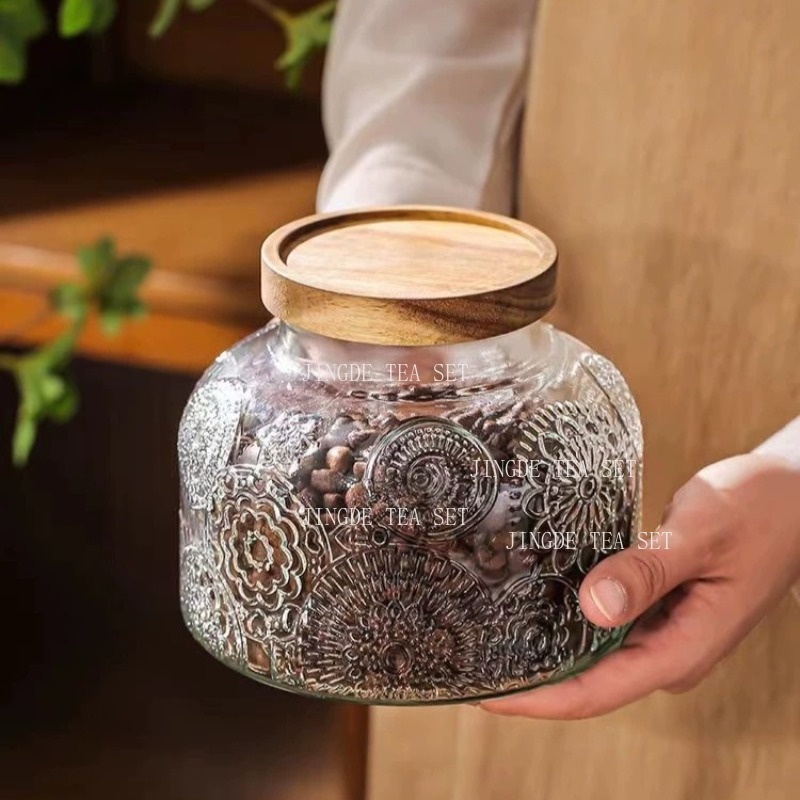 Food Storage Jars With Wooden Lids - โหลแก้วลายนูนพร้อมฝาไม้ กระปุกเก็บของสุญญากาศสไตล์วินเทจสำหรับเก็บชา ถั่ว ผลไม้อบแห้ง ภาชนะใส่อาหารในครัว กล่องเก็บชา
