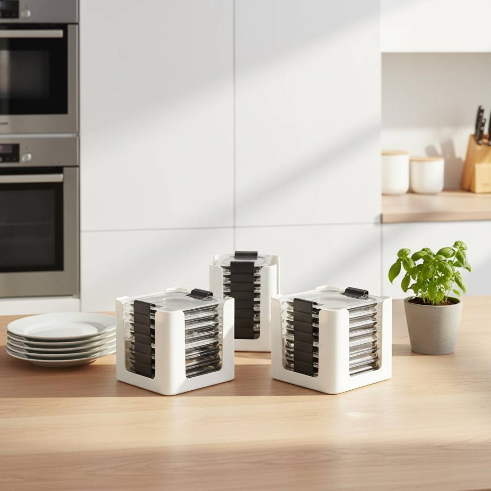 Food Storage Plastic Container - ชั้นวางฝาปิดภาชนะ 3 ชิ้น สำหรับจัดเก็บฝาภาชนะทรงสี่เหลี่ยมผืนผ้า ช่องเปิดทรงกลม-สี่เหลี่ยม ปลอดสาร
